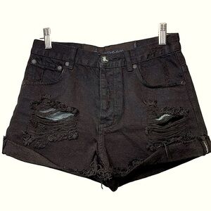 One Teaspoon Black Cut out Distressed Jean Short Sz 25 Button Fly Roll Hem Denim